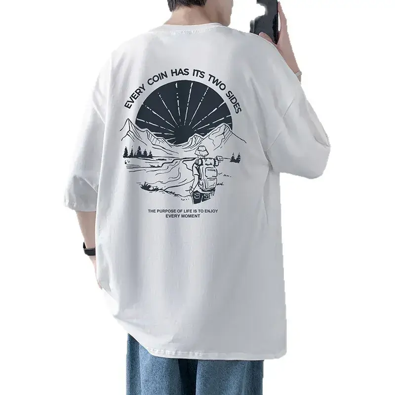 Men Cotton Printed T-Shirt Cream Round Neck Loose Fit - Image 13