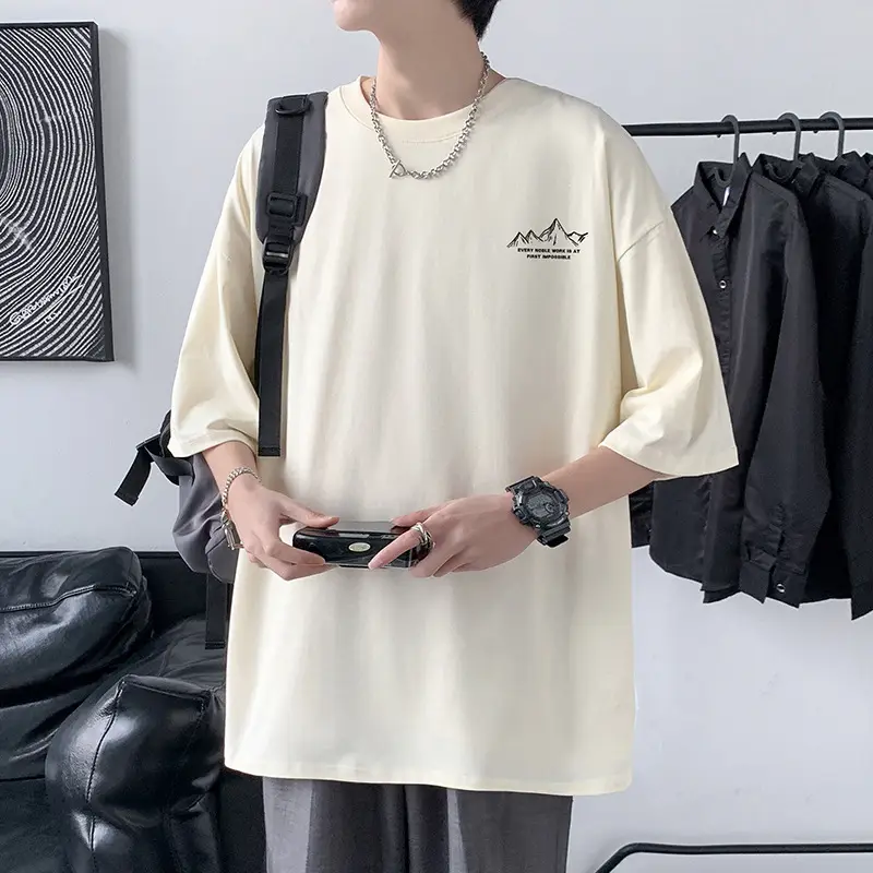 Men Cotton Printed T-Shirt Cream Round Neck Loose Fit — feature 10