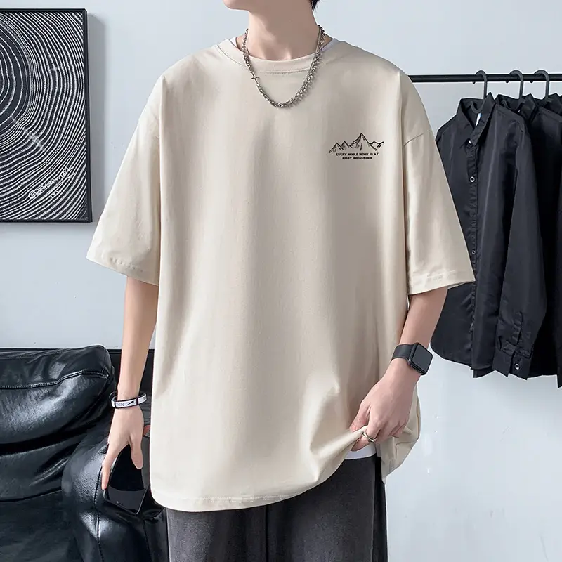 Men Cotton Printed T-Shirt Cream Round Neck Loose Fit — feature 8