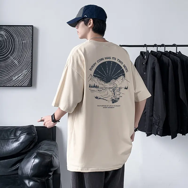 Men Cotton Printed T-Shirt Cream Round Neck Loose Fit — feature 9