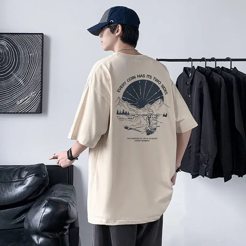 Men Cotton Printed T-Shirt Cream Round Neck Loose Fit - Image 4