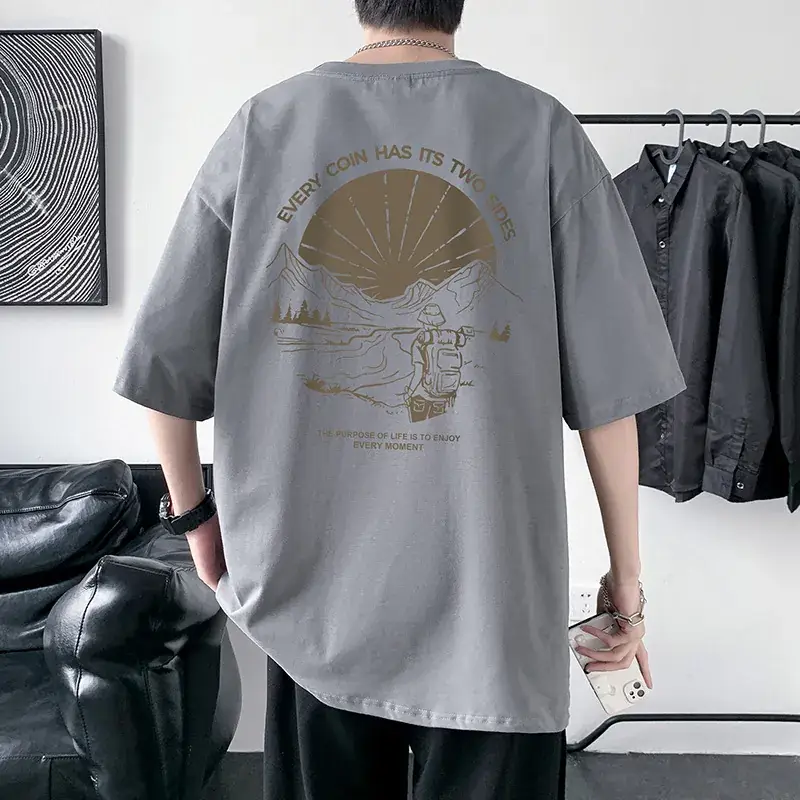 Men Cotton Printed T-Shirt Cream Round Neck Loose Fit - Image 5