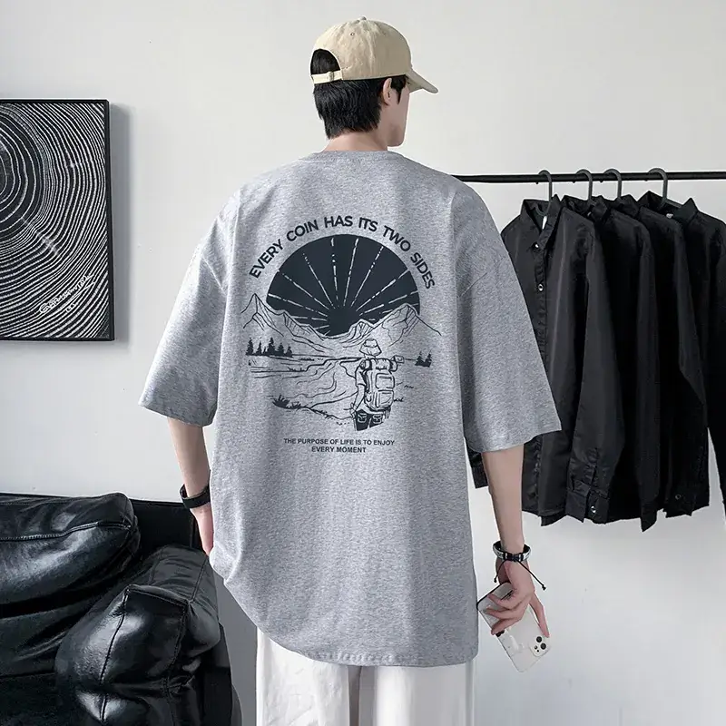 Men Cotton Printed T-Shirt Cream Round Neck Loose Fit - Image 6