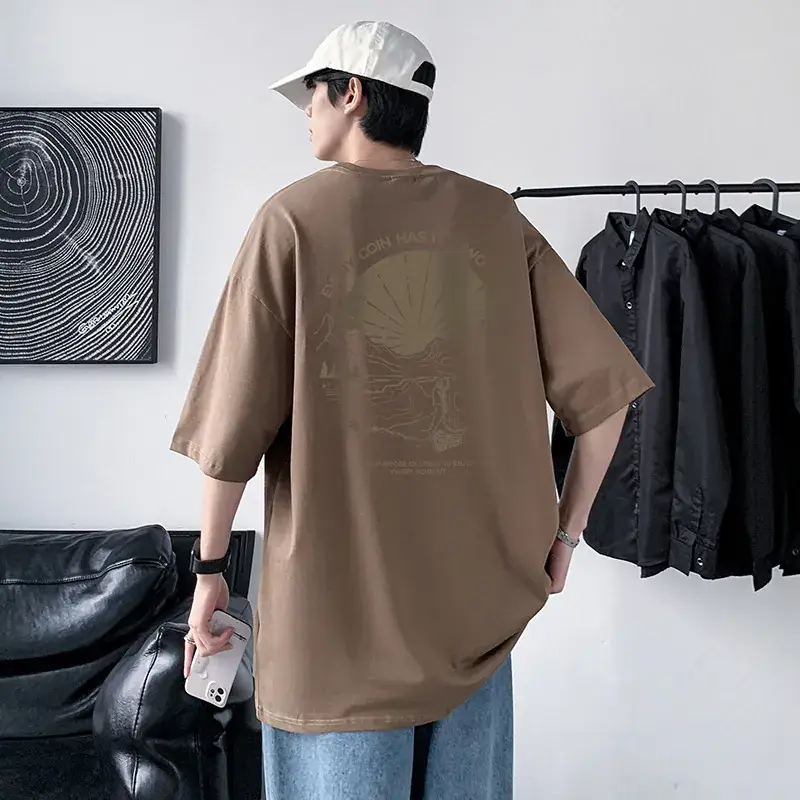 Men Cotton Printed T-Shirt Cream Round Neck Loose Fit - Image 7