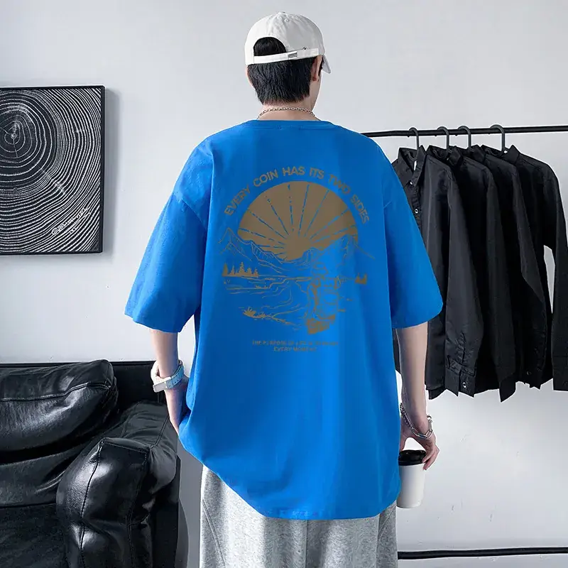 Men Cotton Printed T-Shirt Cream Round Neck Loose Fit - Image 8
