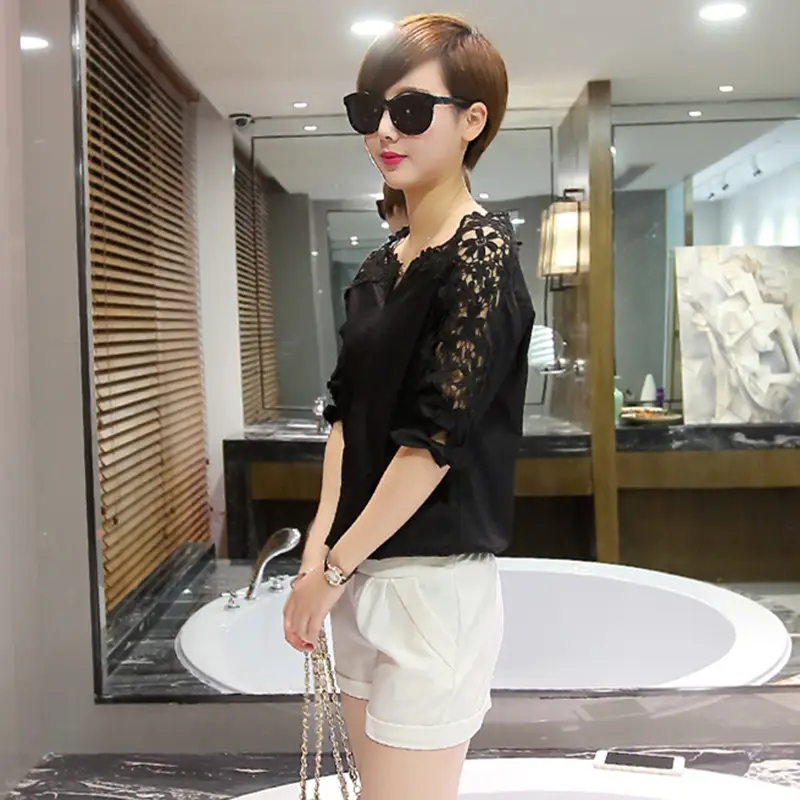Women's White Lace Shoulder Shirt Large Size - Image 4