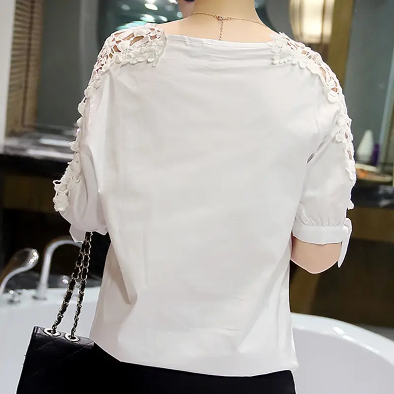 Women's White Lace Shoulder Shirt Large Size - Image 6
