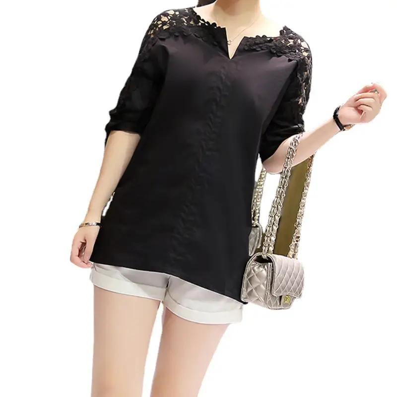 Women's White Lace Shoulder Shirt Large Size - Image 7