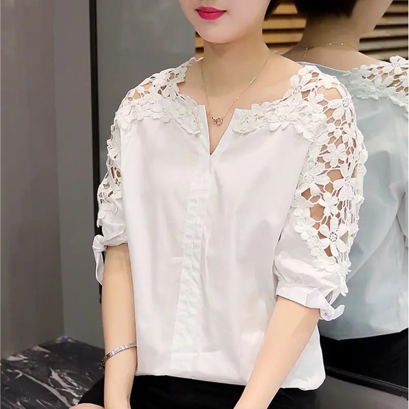 Women's White Lace Shoulder Shirt Large Size - Image 2