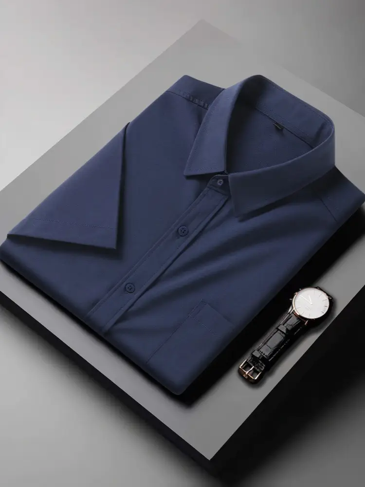 Men Navy Blue Short Sleeve Business Shirt - Image 10