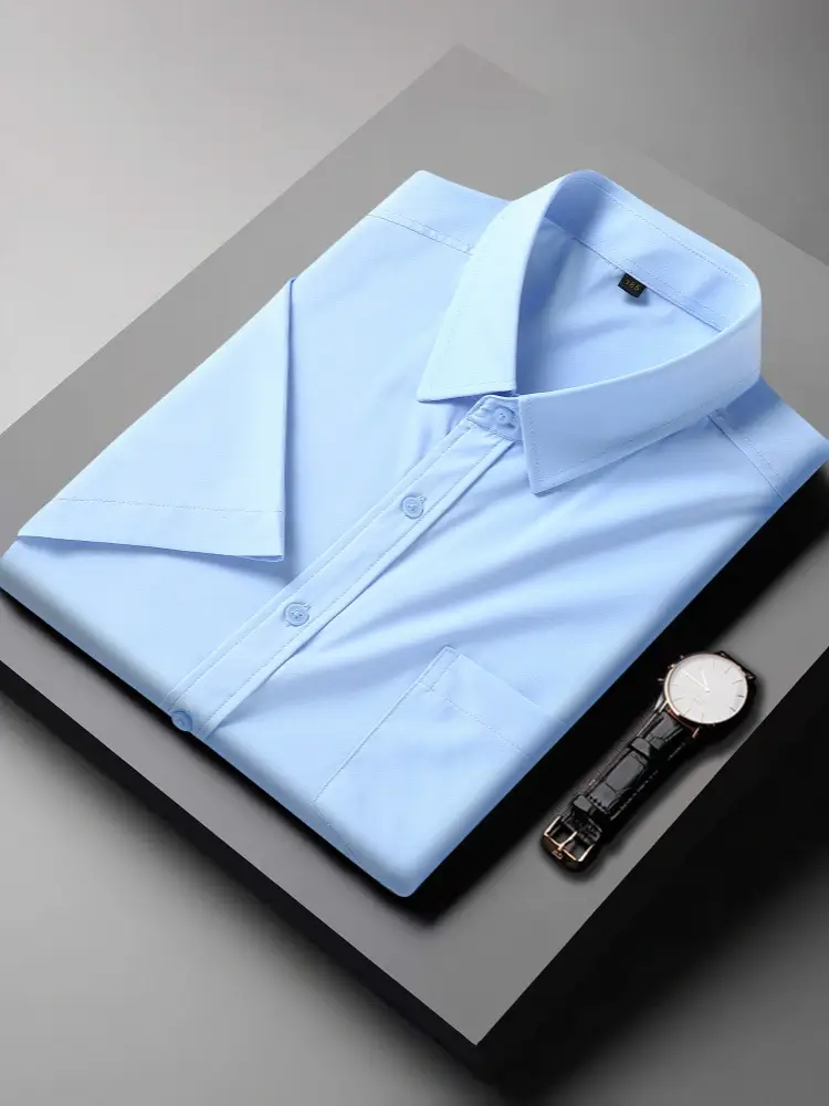 Men Navy Blue Short Sleeve Business Shirt - Image 12