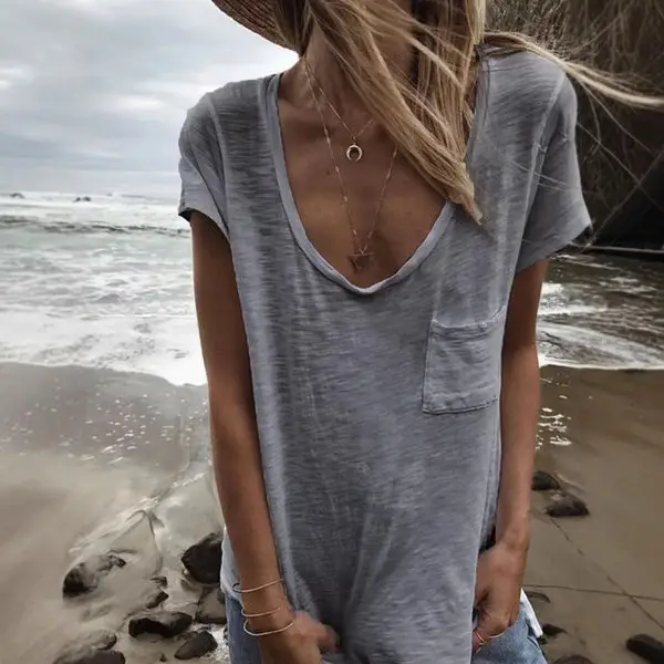 2019 Women's Brown Cotton V-Neck Short Sleeve Top with Pocket