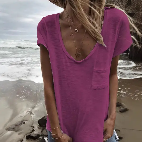 2019 Women's Brown Cotton V-Neck Short Sleeve Top with Pocket