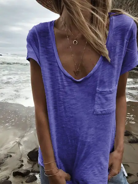 2019 Women's Brown Cotton V-Neck Short Sleeve Top with Pocket