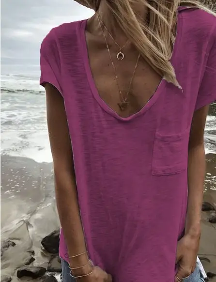 2019 Women's Brown Cotton V-Neck Short Sleeve Top with Pocket