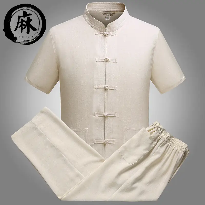 Men Linen Chinese Tang Suit White Short Sleeve