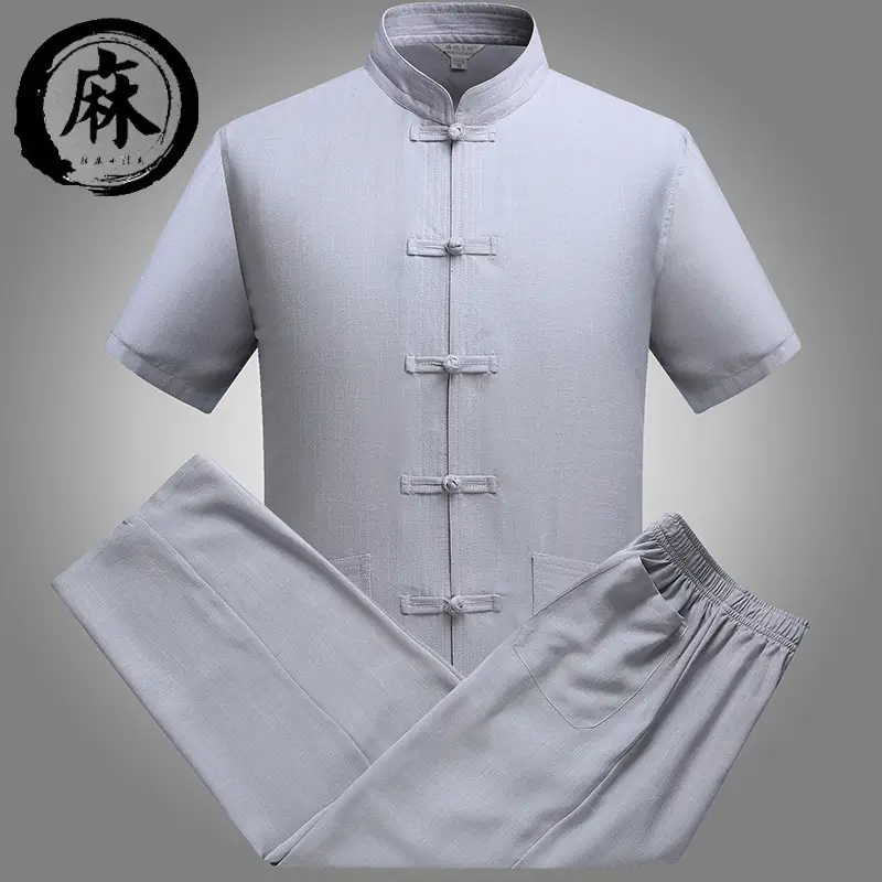 Men Linen Chinese Tang Suit White Short Sleeve