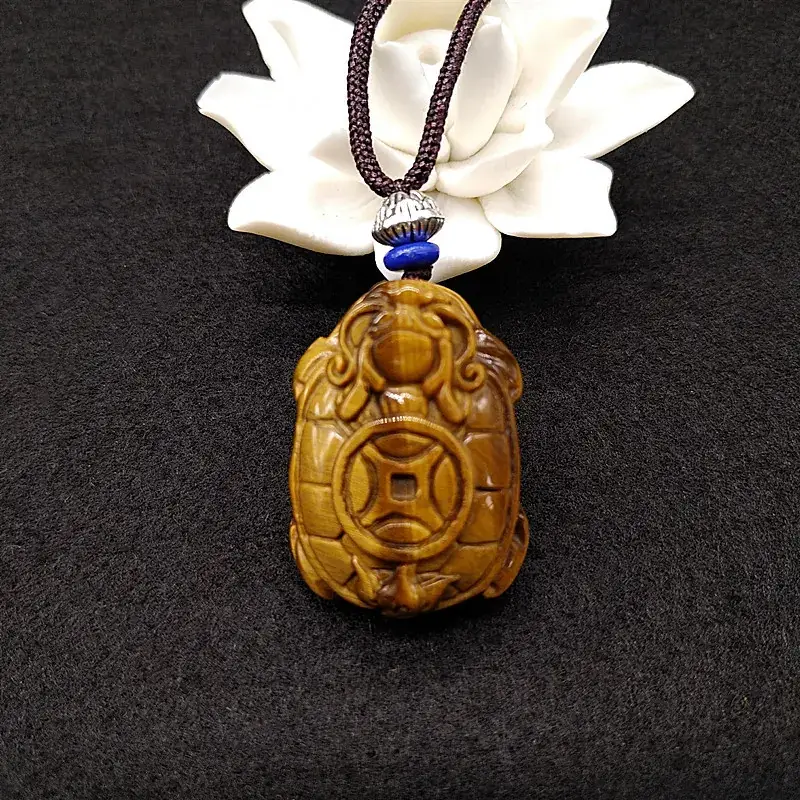 Natural Tiger Eye Gold Turtle Pendant with Dragon Design - Image 2