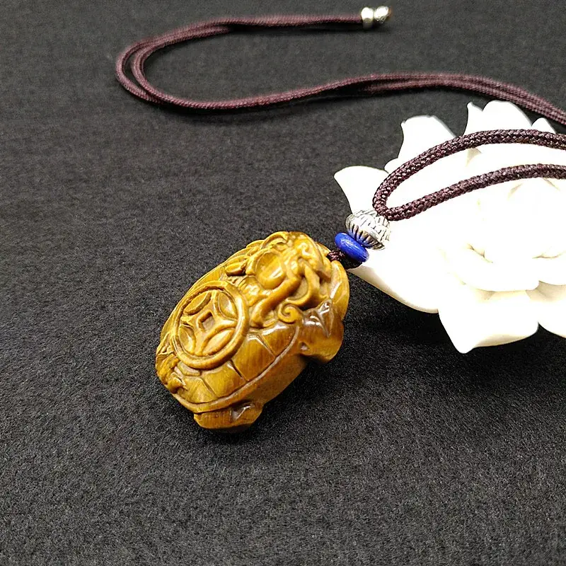 Natural Tiger Eye Gold Turtle Pendant with Dragon Design - Image 3