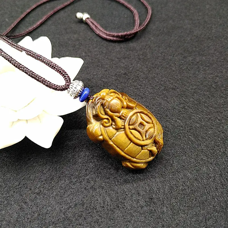 Natural Tiger Eye Gold Turtle Pendant with Dragon Design - Image 4