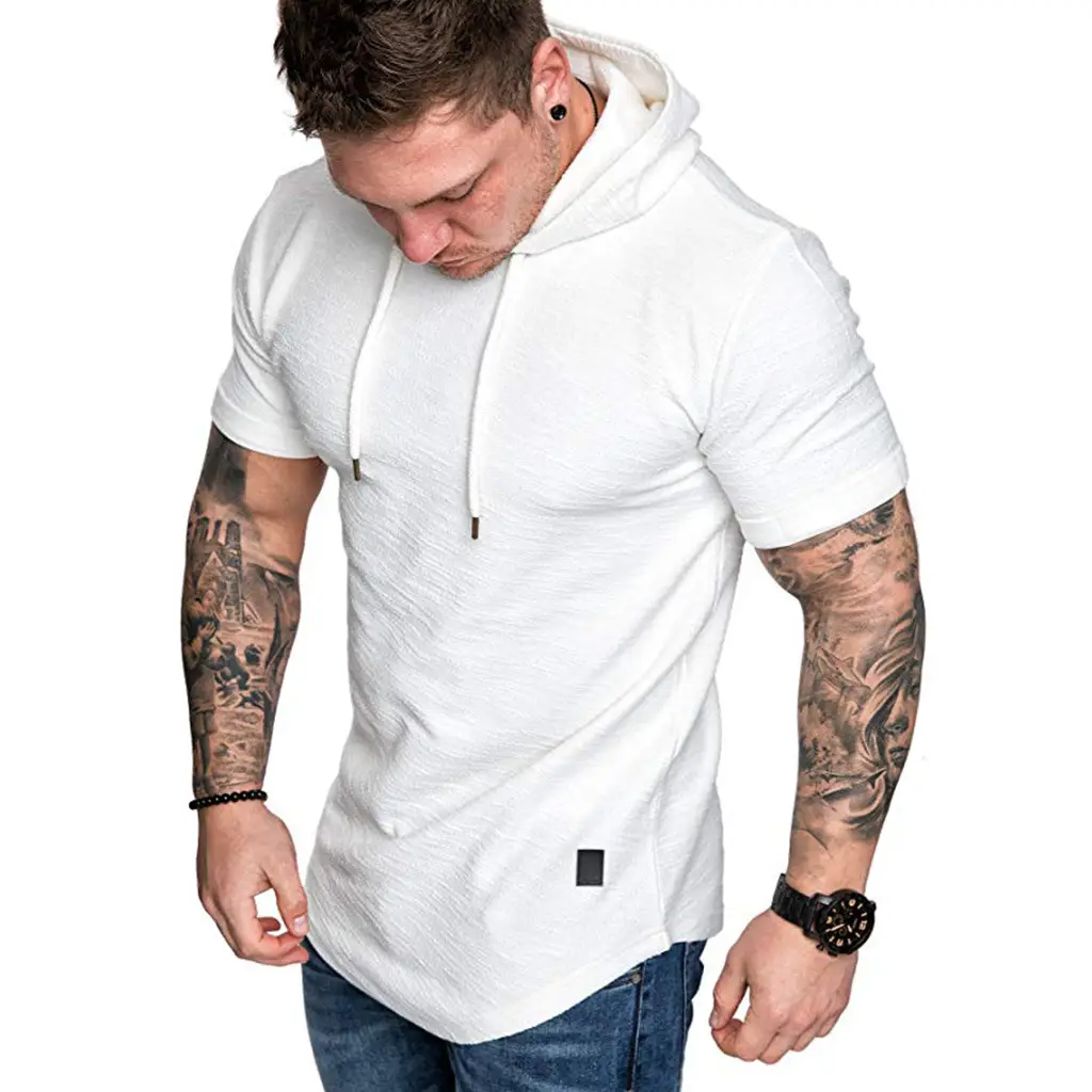 Men Black Hooded T-Shirt Short Sleeve Fit - Image 16