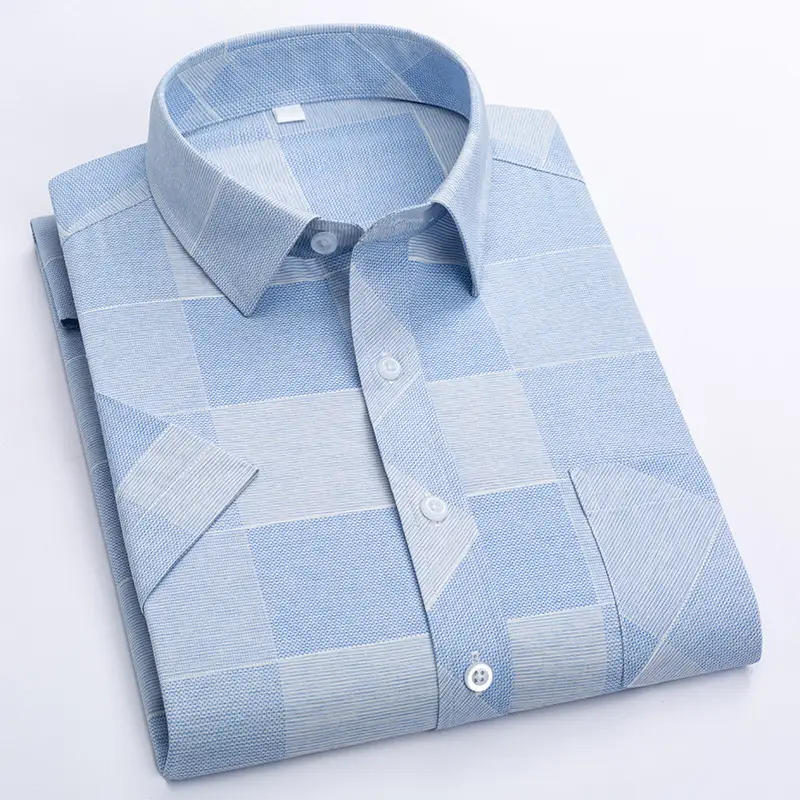 Men Printed Plaid Shirt Light Blue Striped Short Sleeve - Image 14