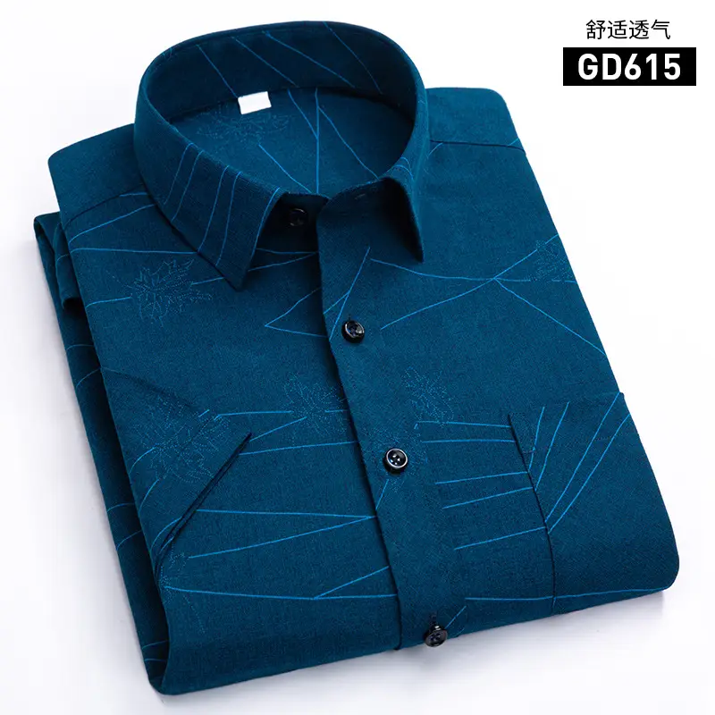 Men Printed Plaid Shirt Light Blue Striped Short Sleeve - Image 11