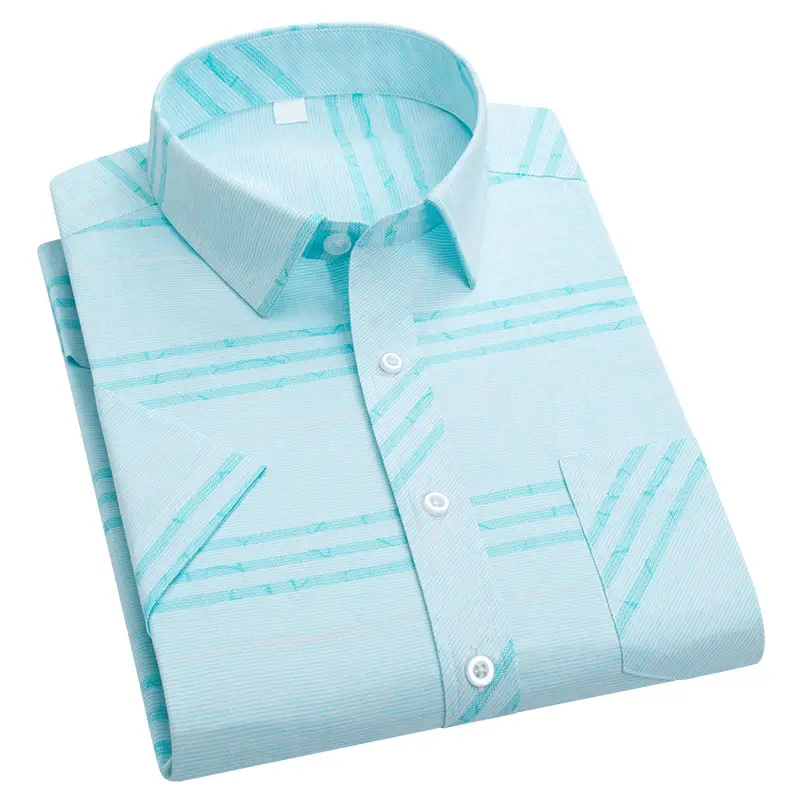 Men Printed Plaid Shirt Light Blue Striped Short Sleeve - Image 16