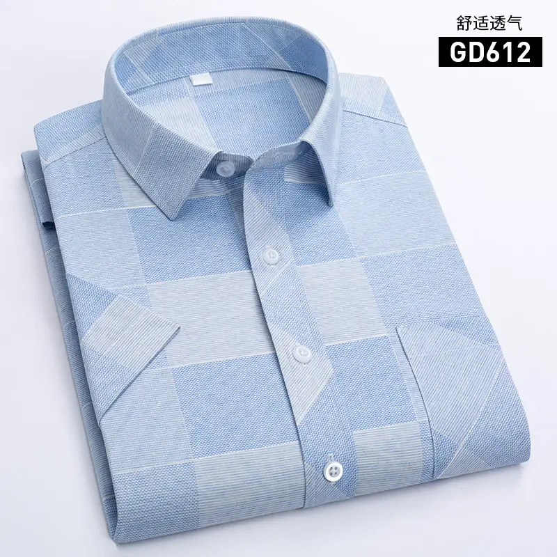 Men Printed Plaid Shirt Light Blue Striped Short Sleeve - Image 10