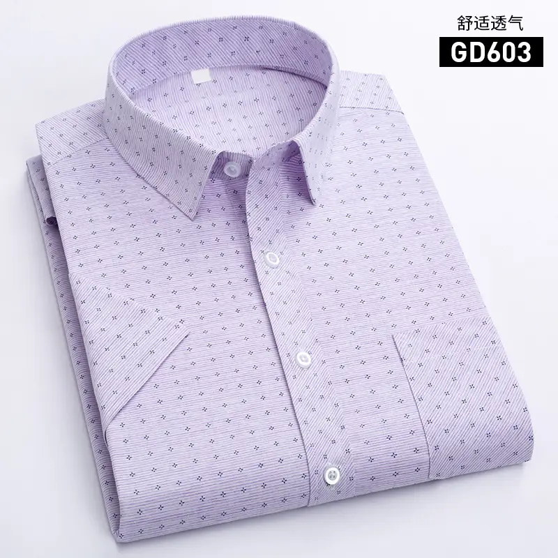Men Printed Plaid Shirt Light Blue Striped Short Sleeve - Image 3