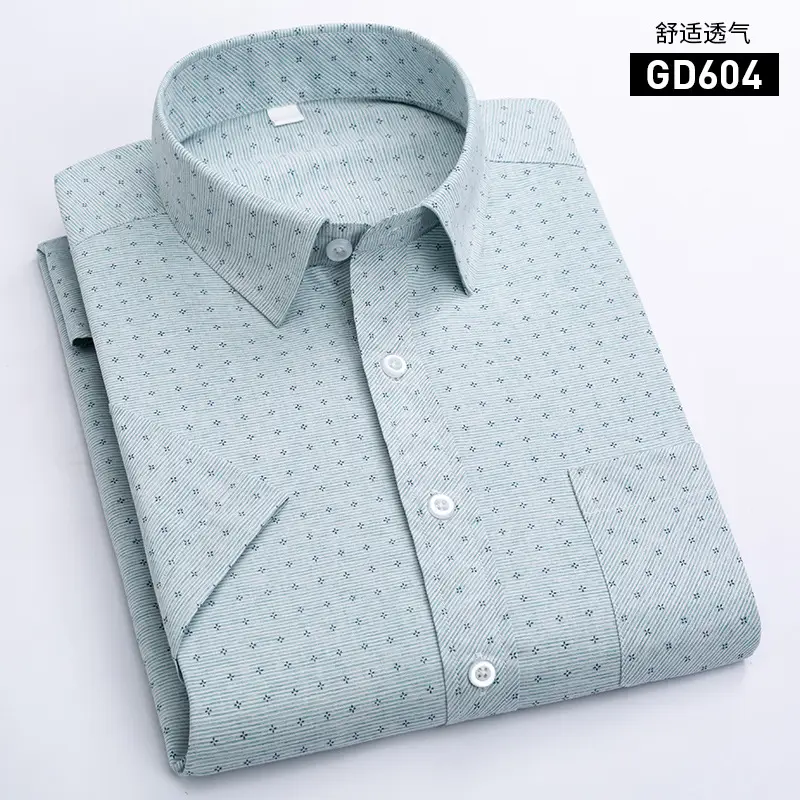 Men Printed Plaid Shirt Light Blue Striped Short Sleeve - Image 4