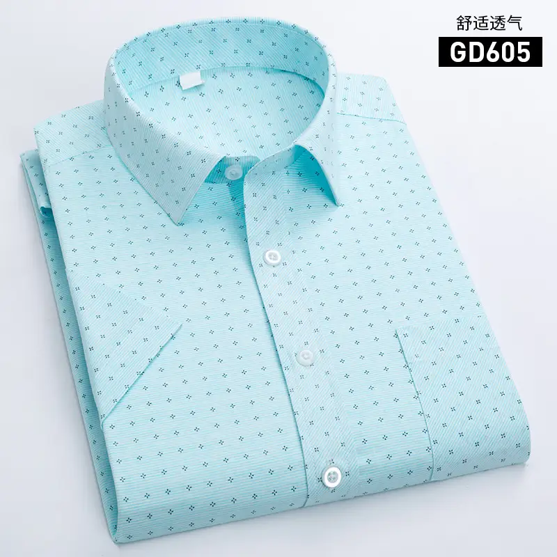 Men Printed Plaid Shirt Light Blue Striped Short Sleeve - Image 5