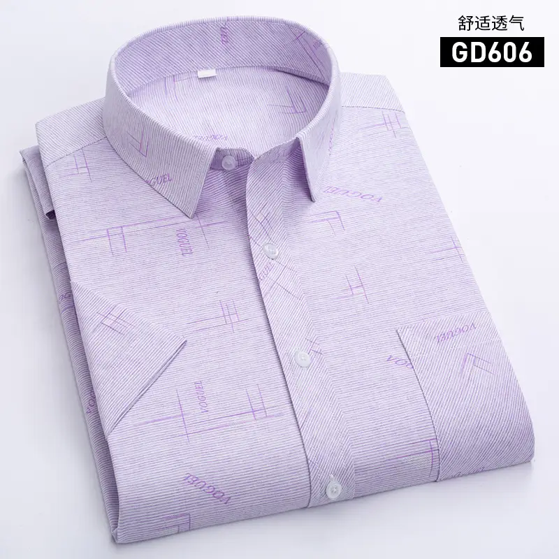 Men Printed Plaid Shirt Light Blue Striped Short Sleeve - Image 6