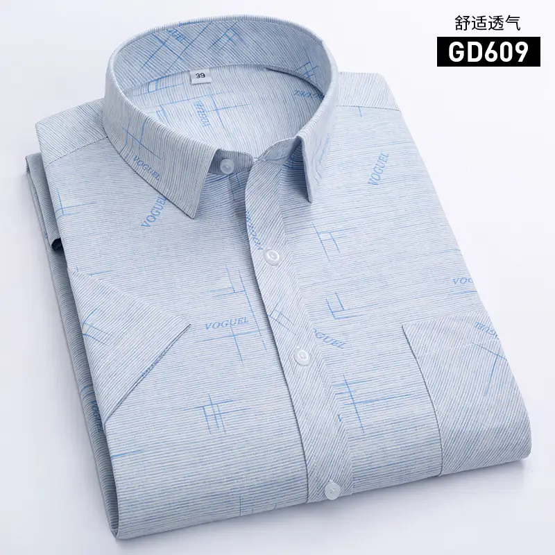 Men Printed Plaid Shirt Light Blue Striped Short Sleeve - Image 7