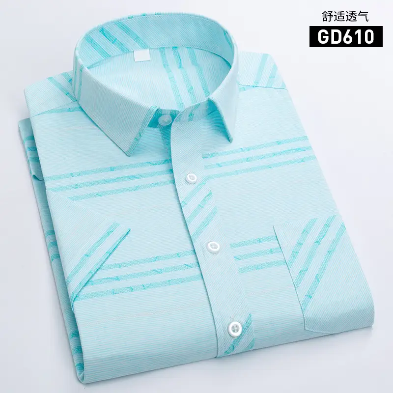 Men Printed Plaid Shirt Light Blue Striped Short Sleeve - Image 8