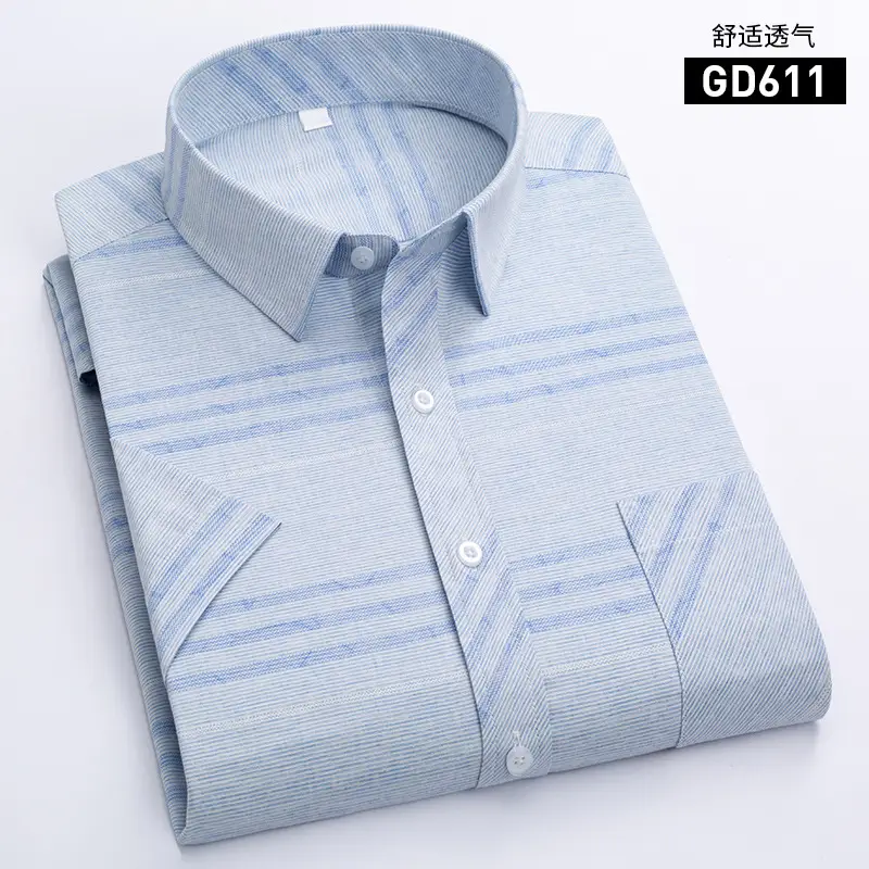 Men Printed Plaid Shirt Light Blue Striped Short Sleeve - Image 9