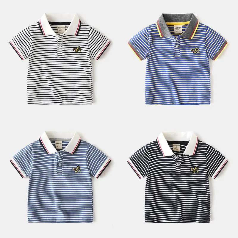 Boys Striped Polo T-Shirt Blue White Red Trim