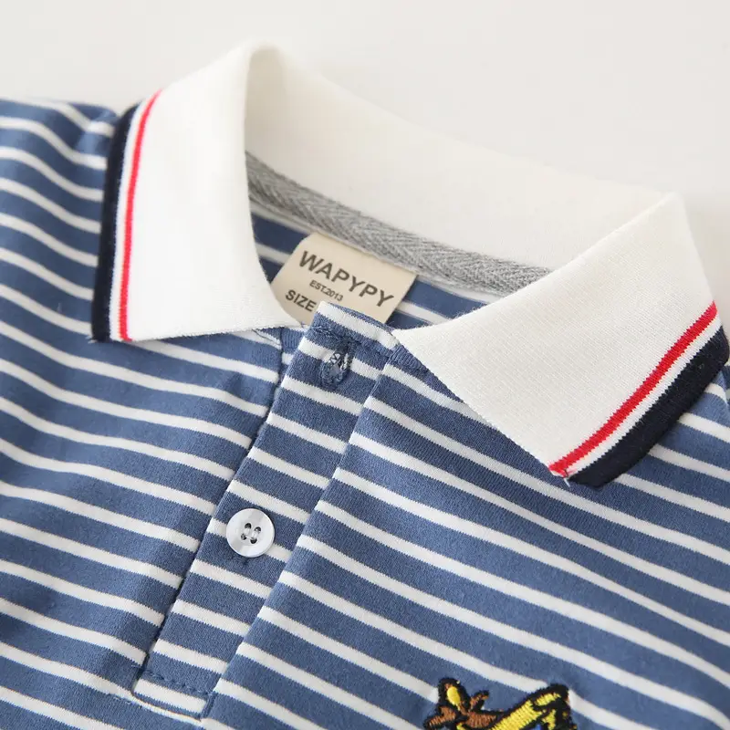 Boys Striped Polo T-Shirt Blue White Red Trim