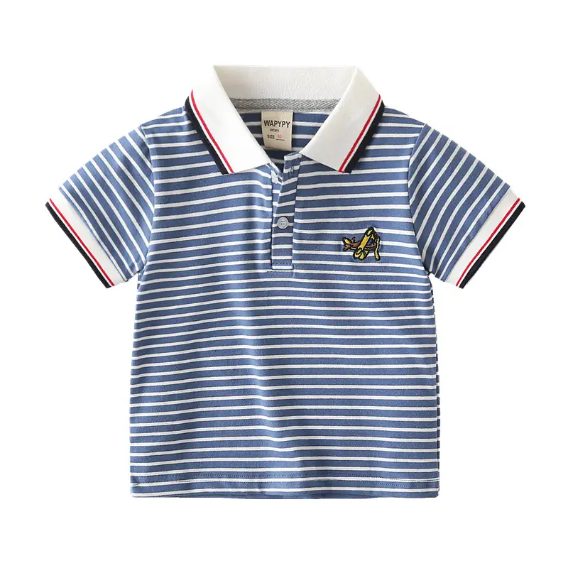 Boys Striped Polo T-Shirt Blue White Red Trim