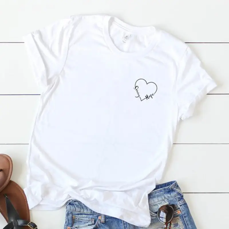 Men Women Black Heart Print T-Shirt Short Sleeve