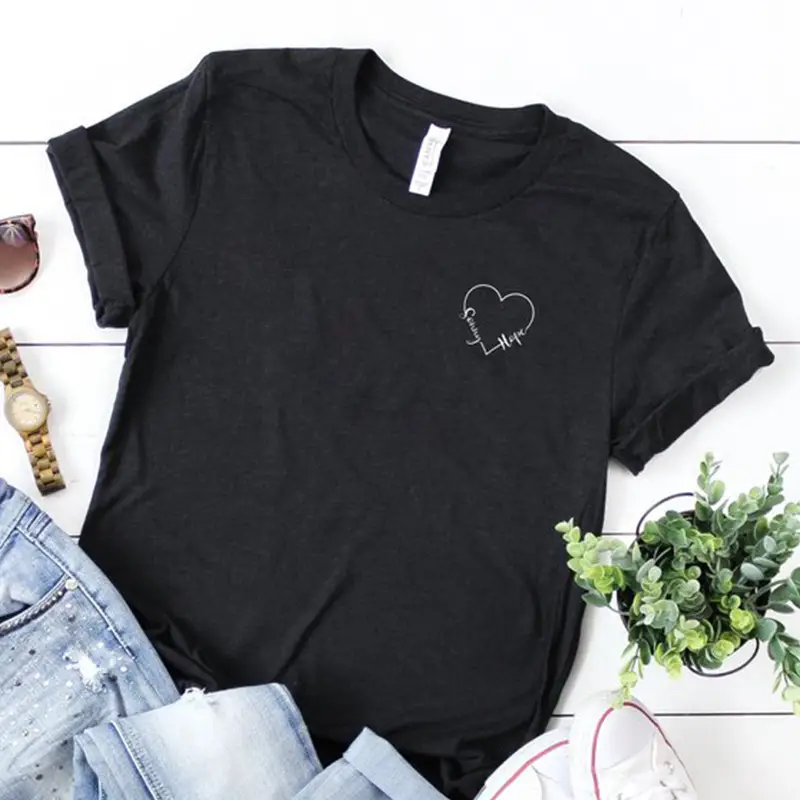 Men Women Black Heart Print T-Shirt Short Sleeve - Image 2