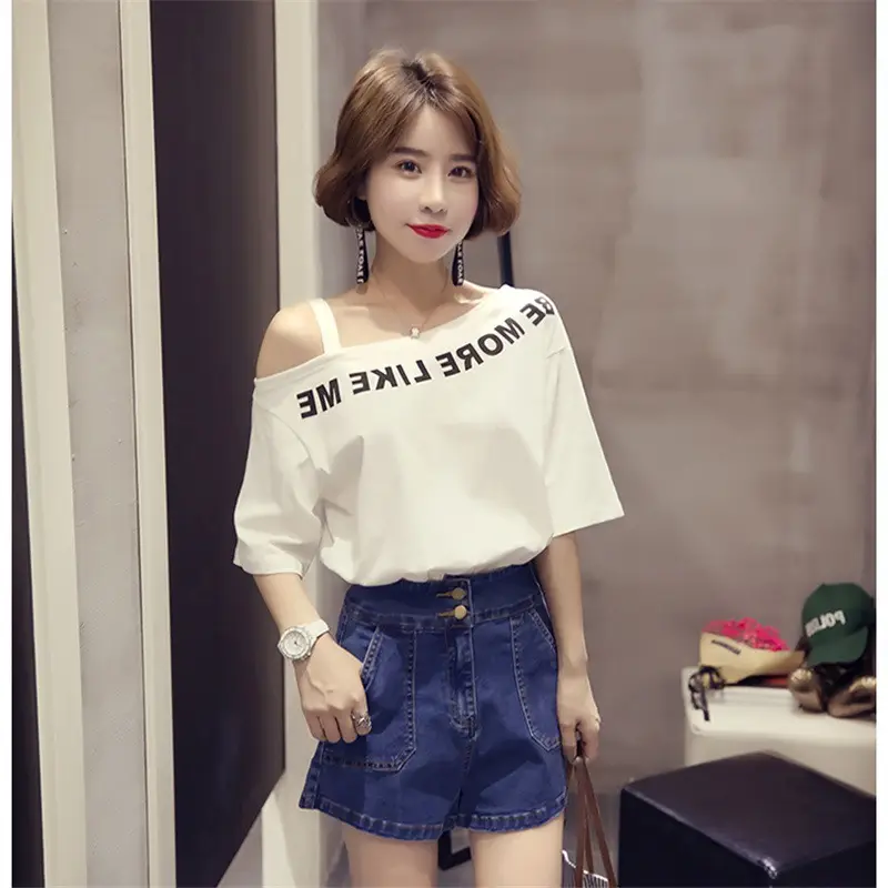 Women Off-Shoulder Printed T-Shirt Red White 2025 - Image 4