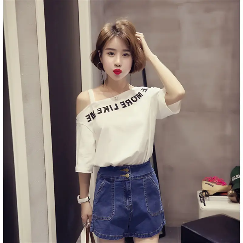 Women Off-Shoulder Printed T-Shirt Red White 2025 - Image 5