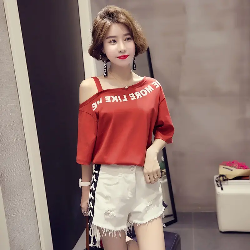 Women Off-Shoulder Printed T-Shirt Red White 2025 - Image 6