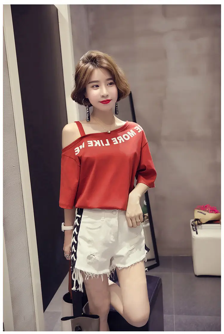 Women Off-Shoulder Printed T-Shirt Red White 2025 — feature 4