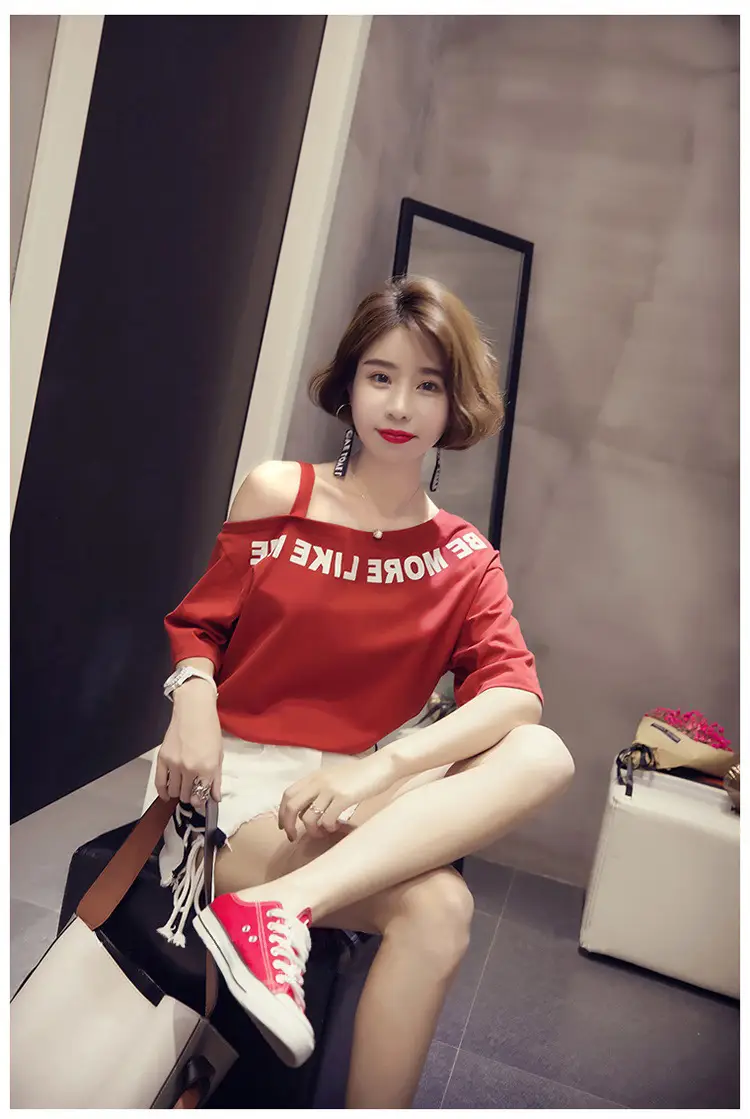 Women Off-Shoulder Printed T-Shirt Red White 2025 — feature 5