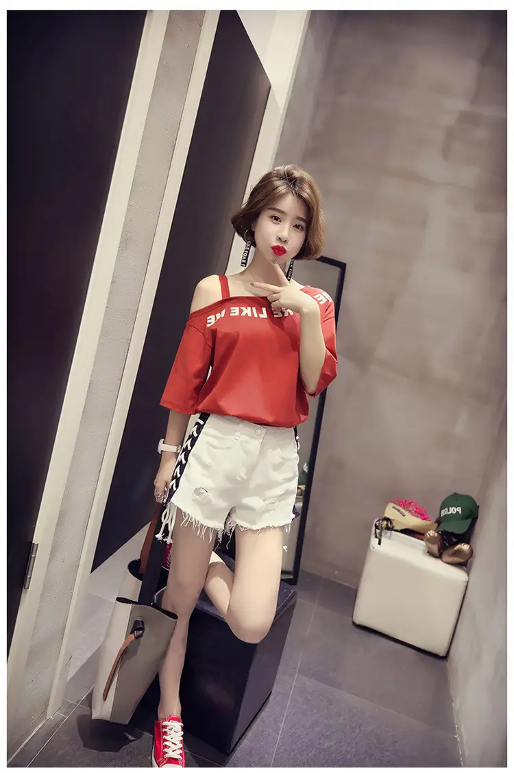 Women Off-Shoulder Printed T-Shirt Red White 2025 — feature 7