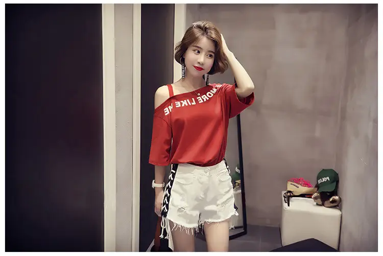 Women Off-Shoulder Printed T-Shirt Red White 2025 — feature 8