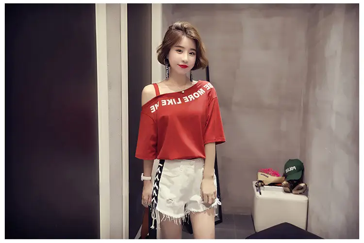Women Off-Shoulder Printed T-Shirt Red White 2025 — feature 9