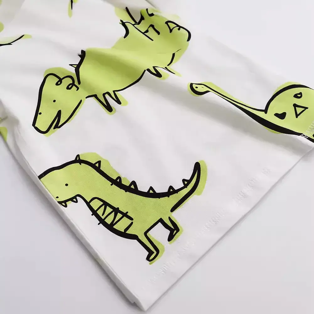 Kids Dinosaur Print T-Shirt White Green Short Sleeve